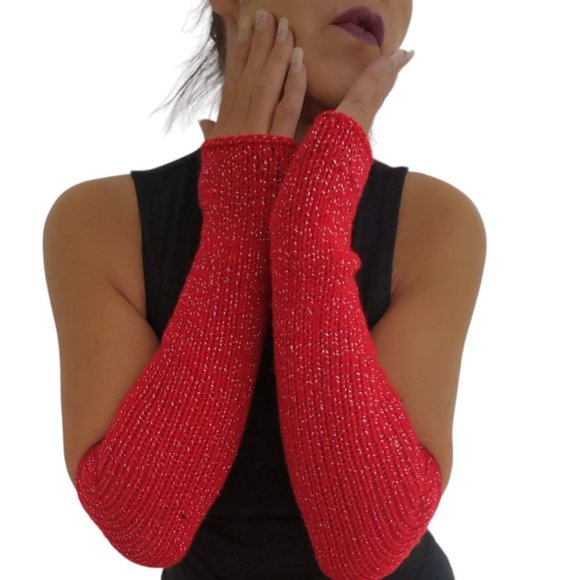 Red Silver Glitter Handmade Knitted Long Fingerless Gloves Valentines Gi… - Picture 5 of 11